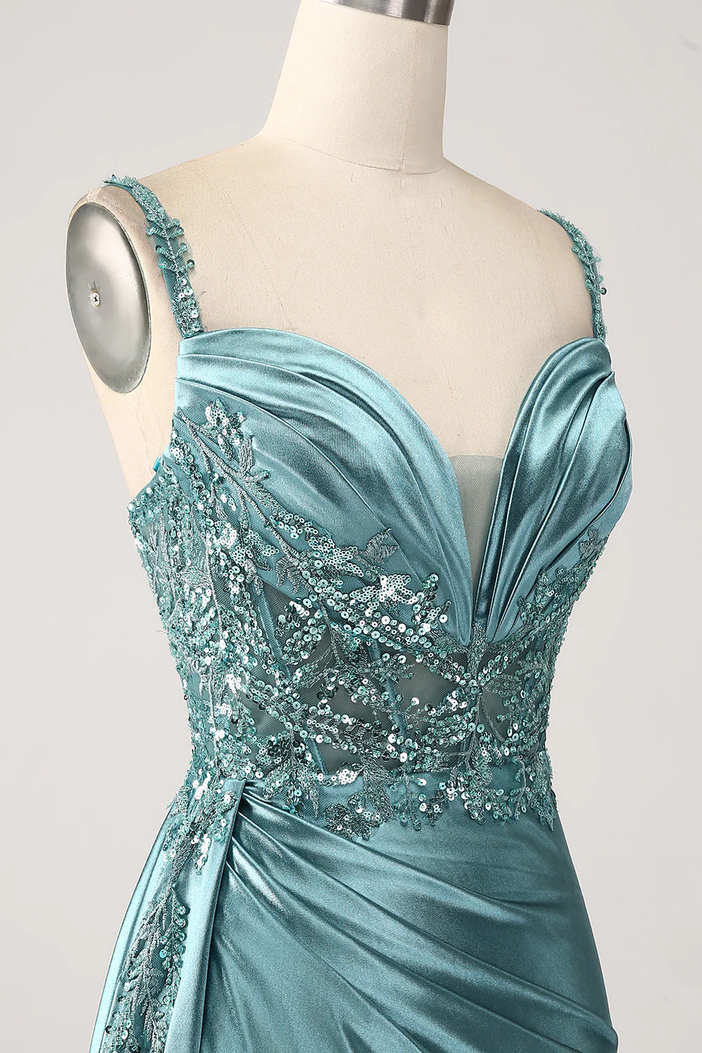 Blue Mermaid V-Neck Satin Long Appliques Sequin Prom Dress With Slit - VNBITS