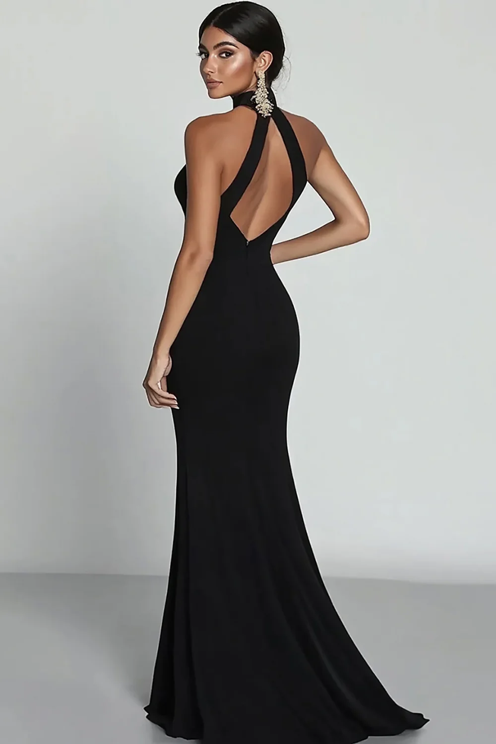 Black Mermaid Halter Neck Satin Long Formal Dress - VNBITS
