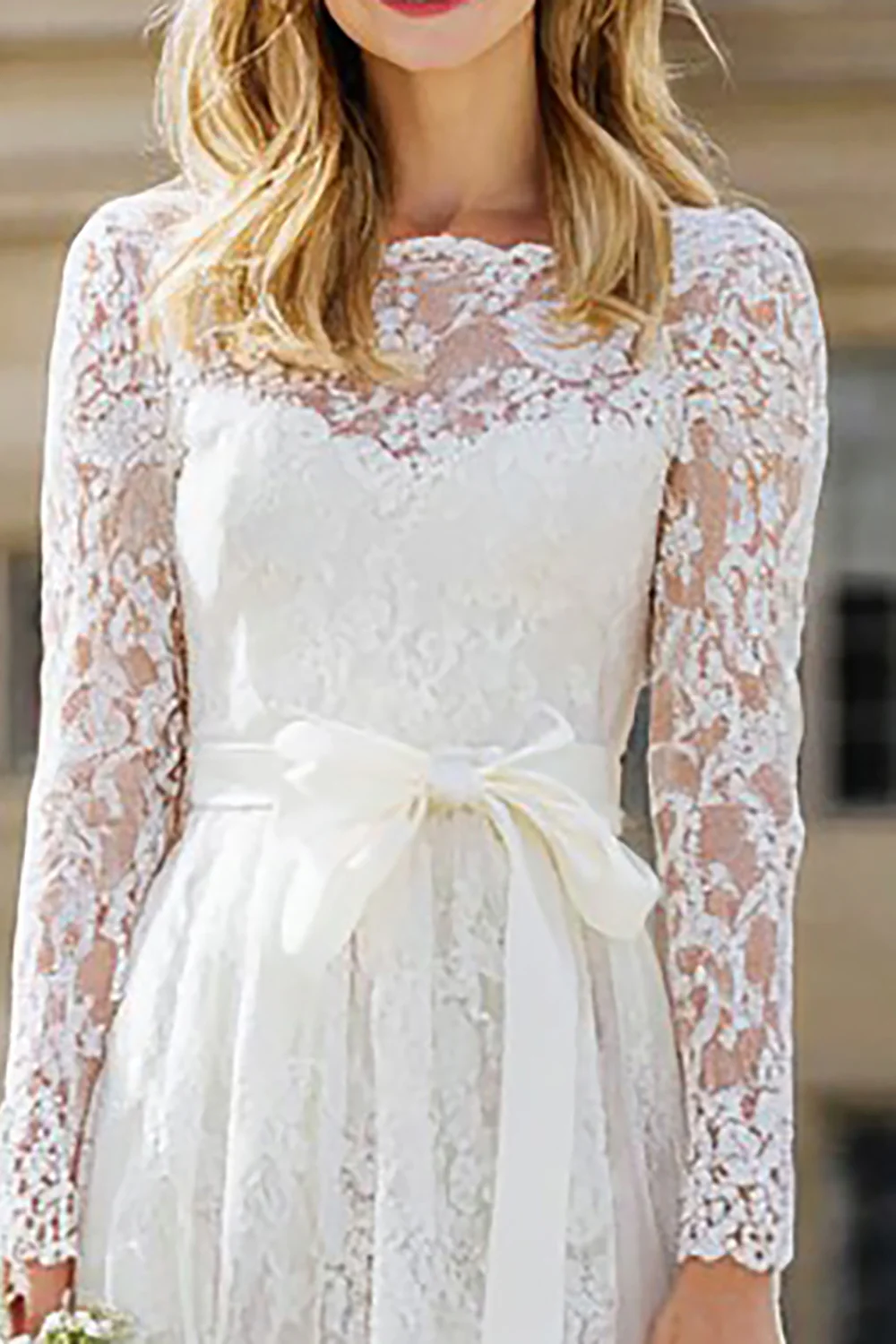 Ivory Lace A Line Long Wedding Dress with Sleeves - VNBITS