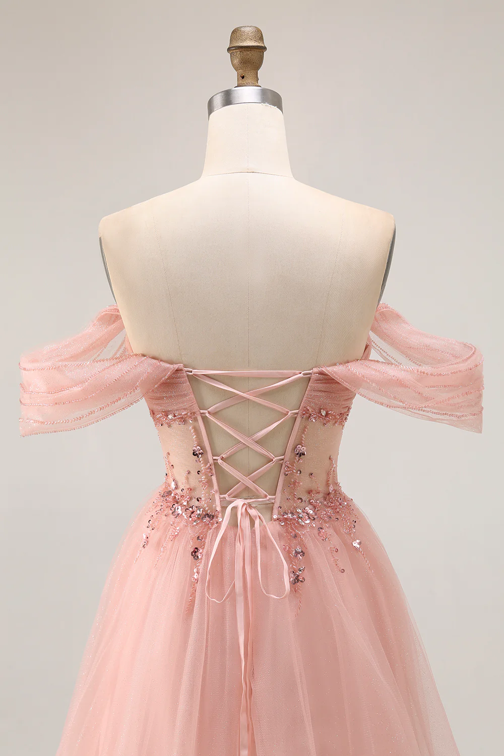 Sparkly Blush Off the Shoulder Long Prom Dress with Sequins - VNBITS