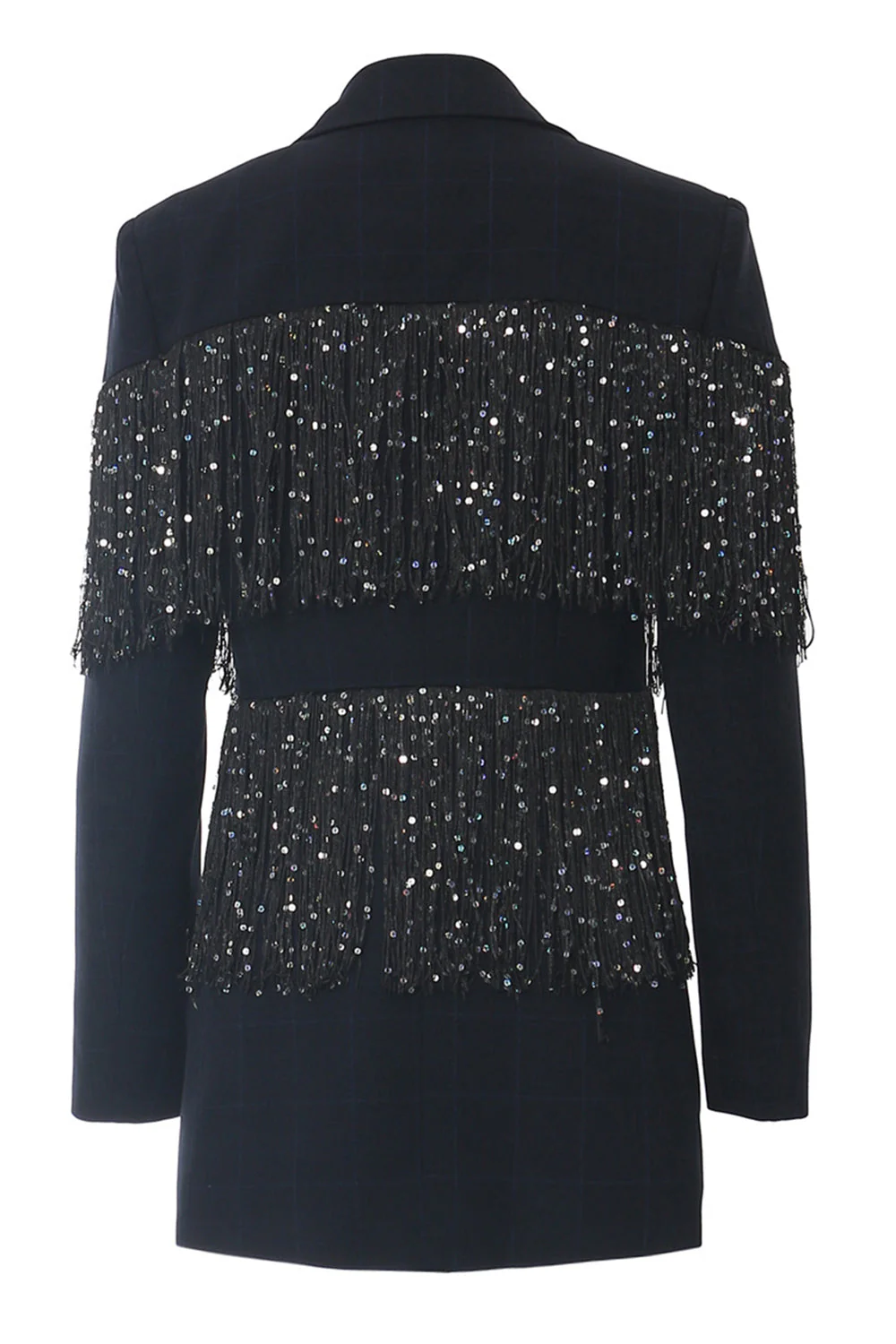 Sparkly Navy Peak Lapel Women Blazer with Fringes - VNBITS
