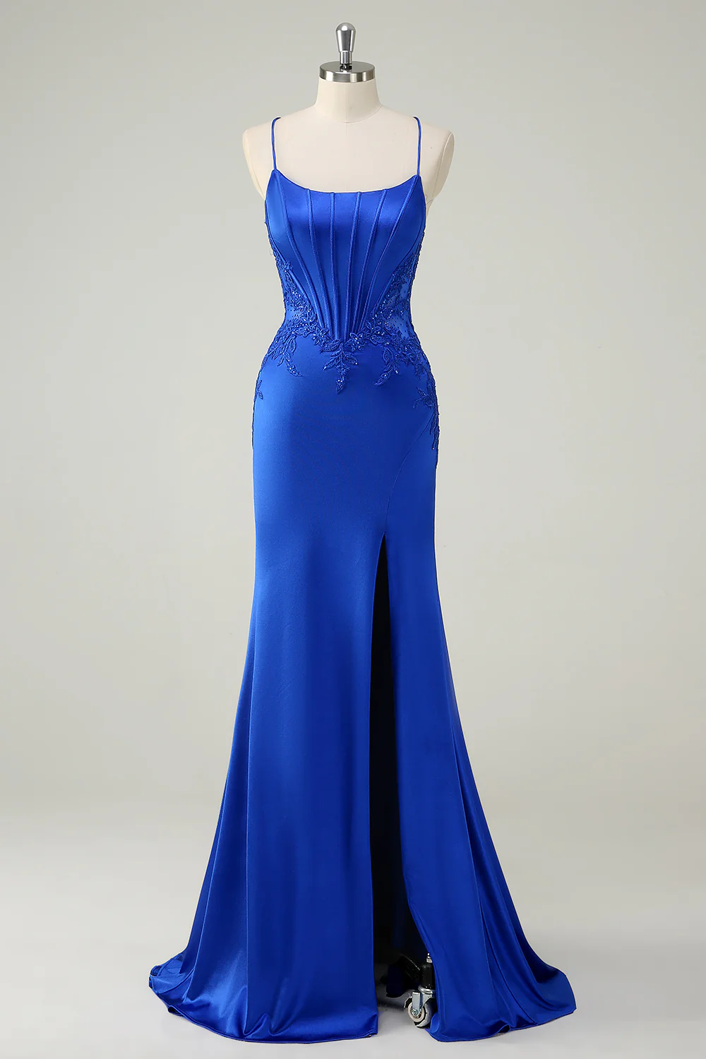 Royal Blue Floral Mermaid Spaghetti Straps Long Prom Dress with Slit - VNBITS