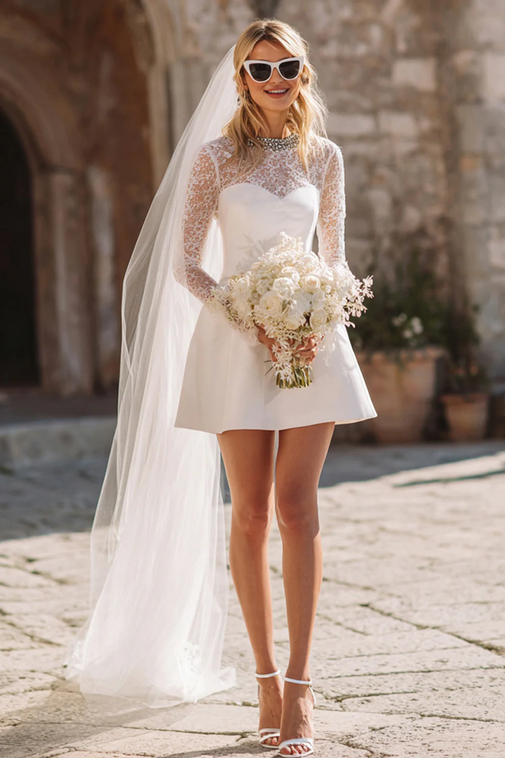 Sparkly White Satin A Line Short Wedding Dress with Lace - VNBITS
