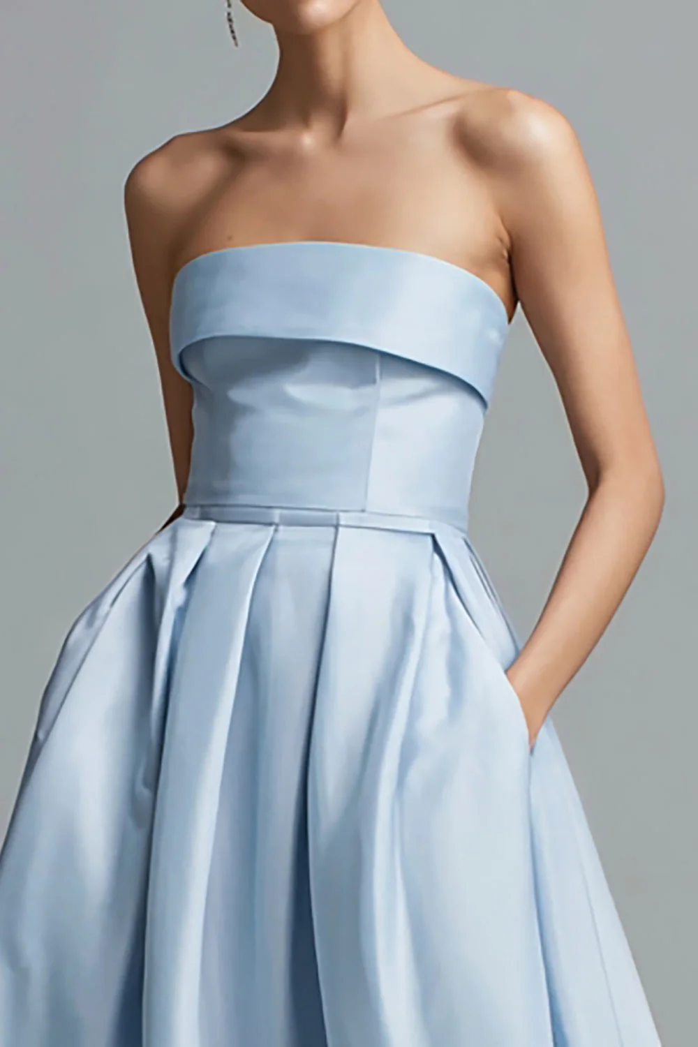 Sky Blue Satin Strapless A Line Long Formal Dress with Pockets - VNBITS