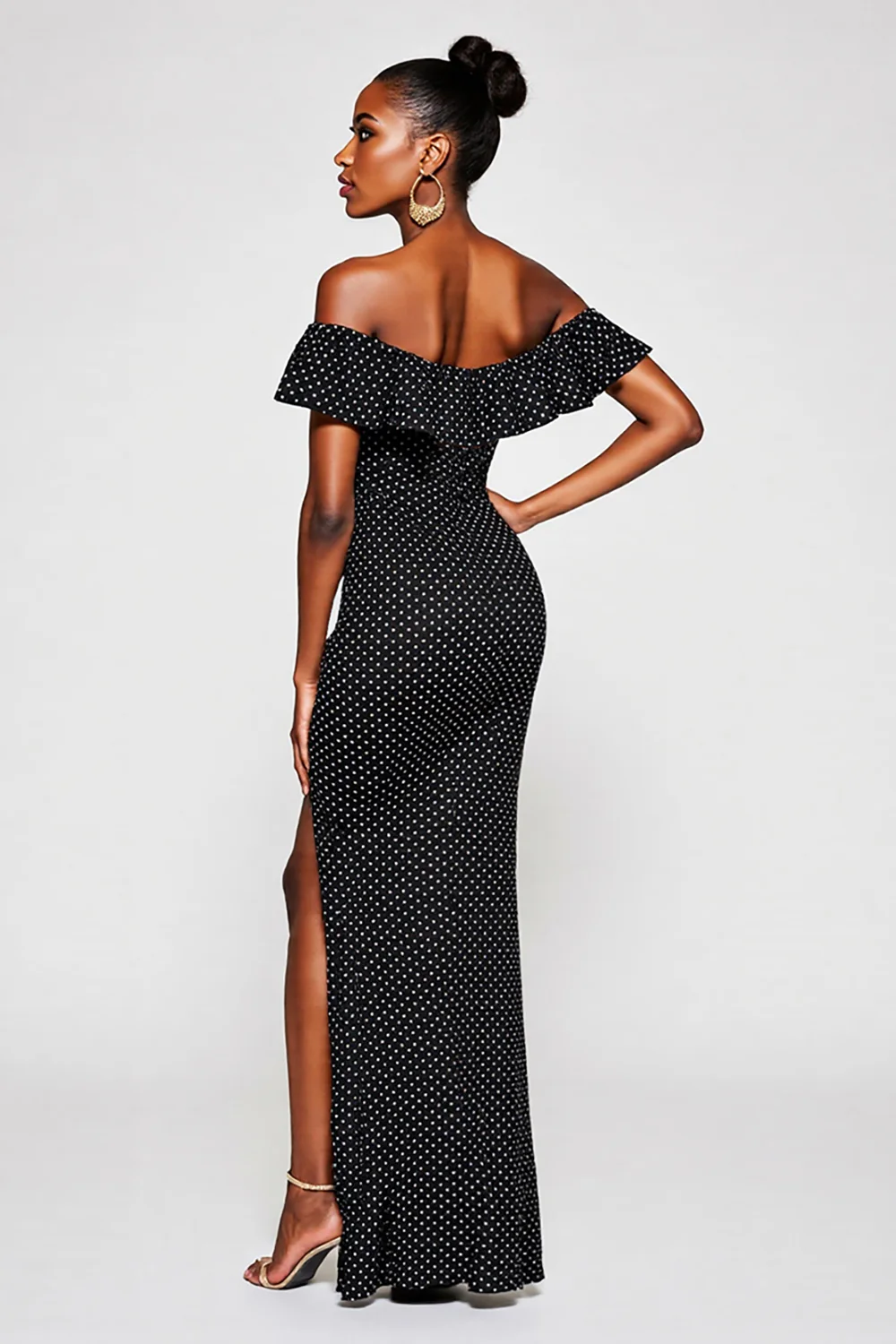 Black and White Off the Shoulder Maxi Mermaid Polka Dot Dress with Slit - VNBITS