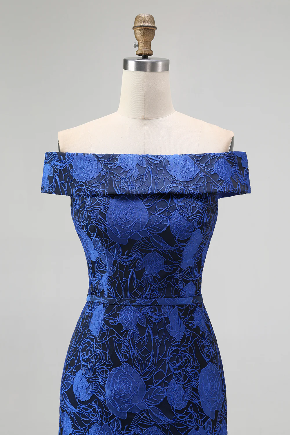 Dark Blue Floral Off the Shoulder Sheath Long Wedding Guest Dress with Slit - VNBITS