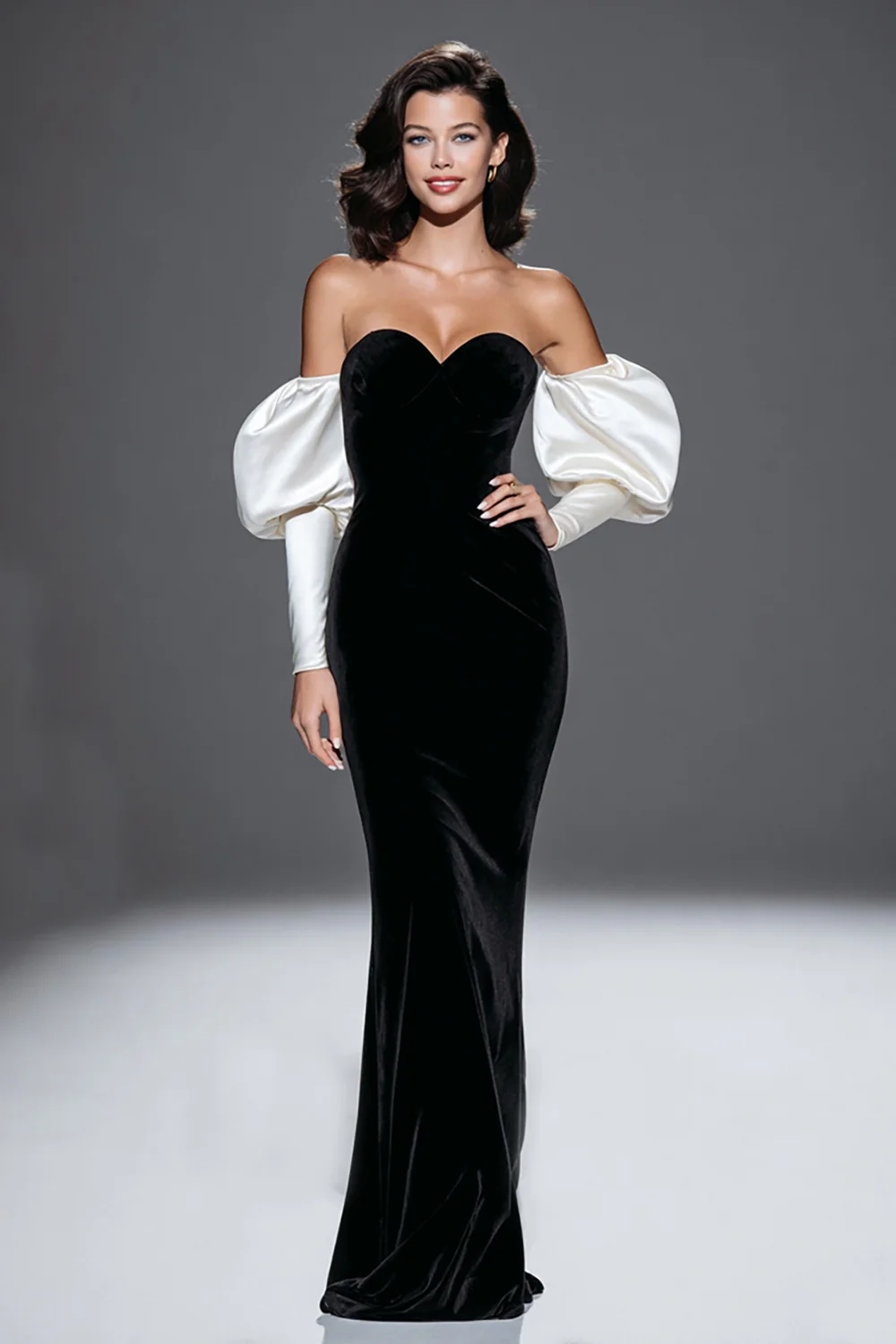 Black and White Mermaid Sweetheart Velvet Long Formal Dress with Sleeves - VNBITS