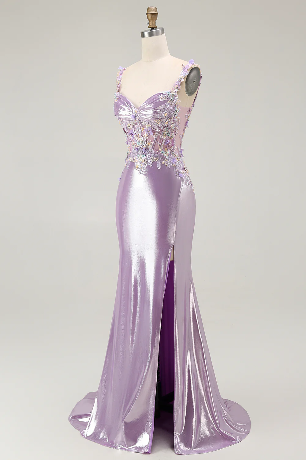 Sparkly Lilac Mermaid Floral Long Prom Dress with Slit - VNBITS