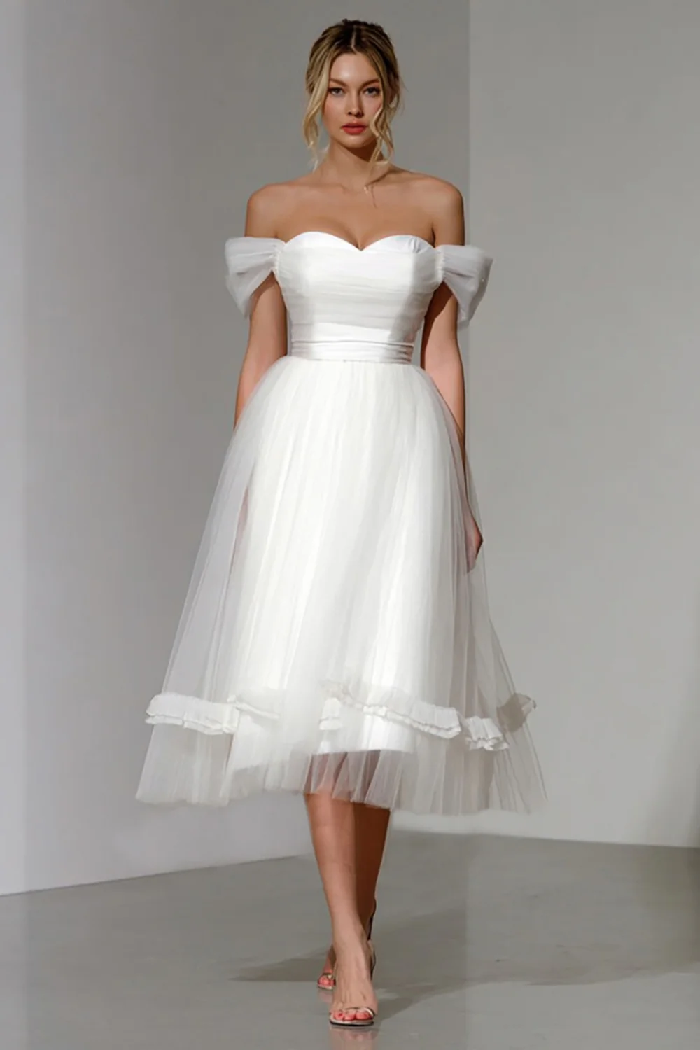 Simple White Off the Shoulder A Line Midi Engagement Dress - VNBITS