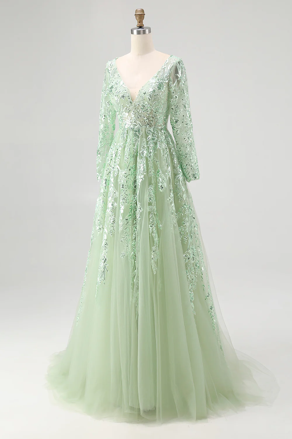 Dusty Sage Lace Applique Tulle V Neck Prom Dress with Long Sleeves - VNBITS