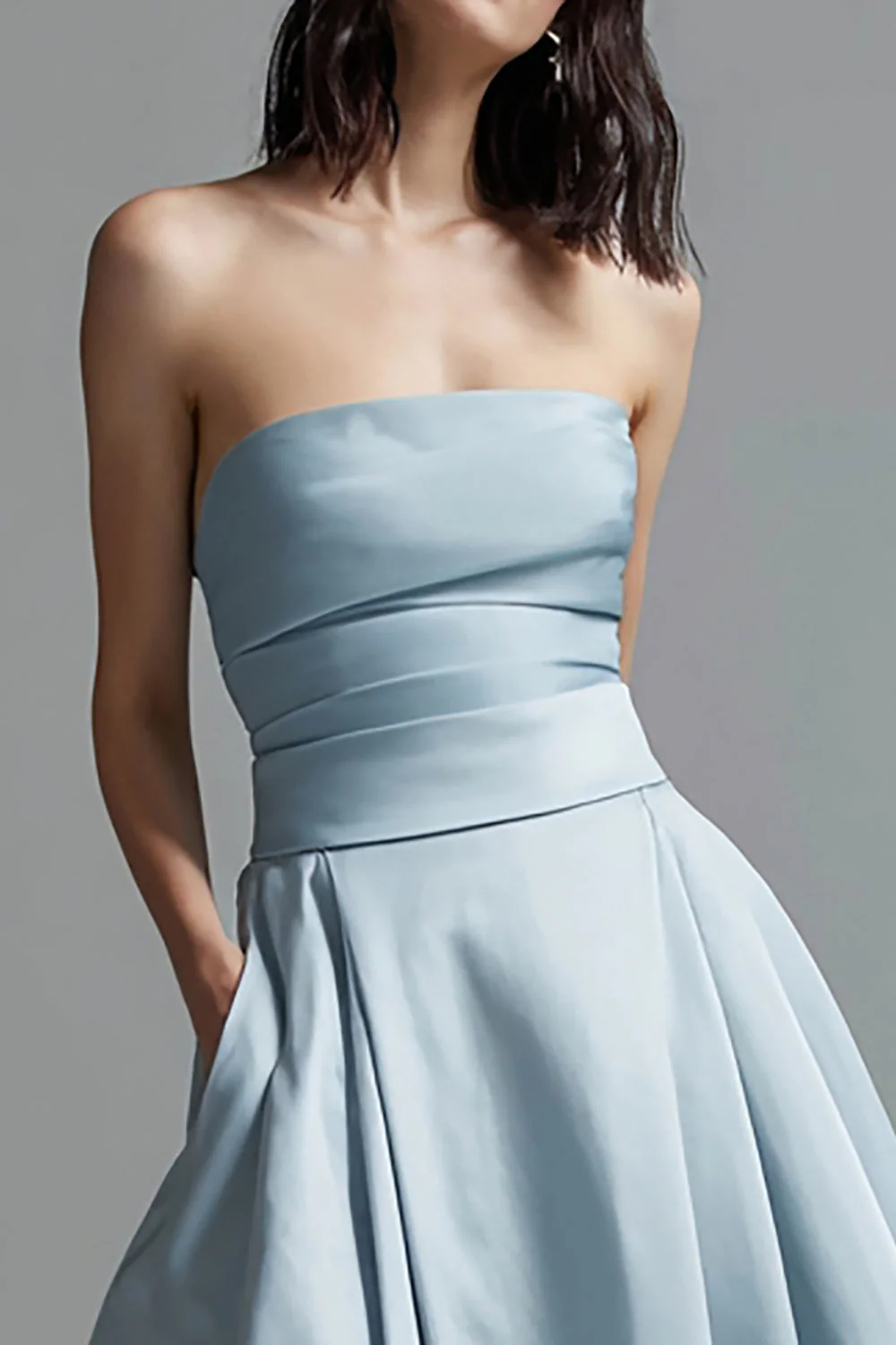 Sky Blue A Line Satin Strapless Ruched Long Formal Dress - VNBITS