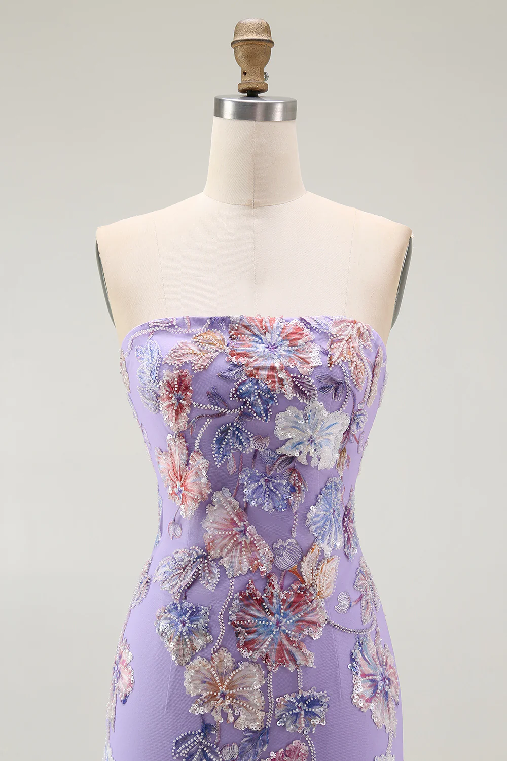 Sparkly Purple Strapless Floral Long Prom Dress with Beading - VNBITS