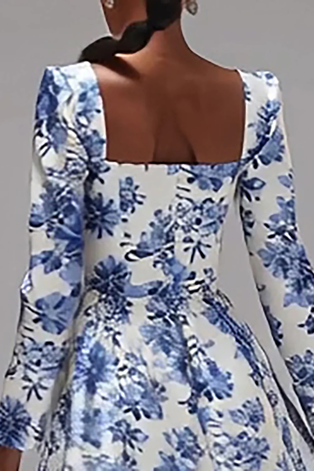 Blue and White Floral Square Neck A-Line Wedding Guest Dress with Sleeves - VNBITS