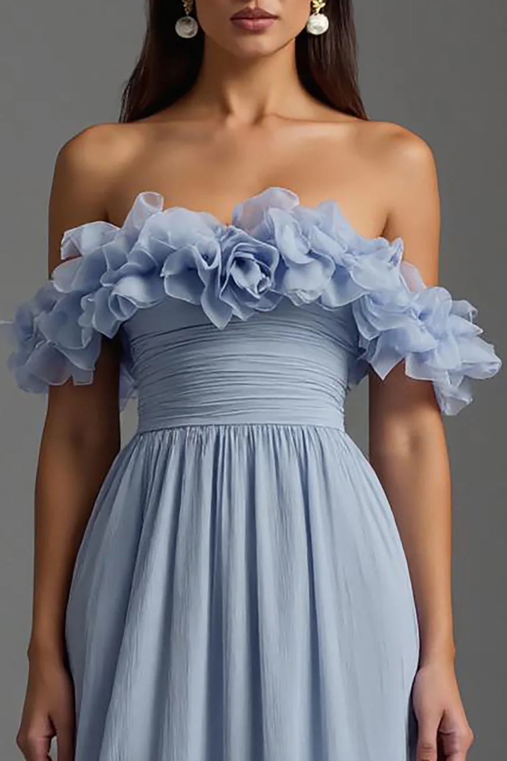 Sky Blue Ruched Off the Shoulder Chiffon Long Formal Dress with Ruffles - VNBITS