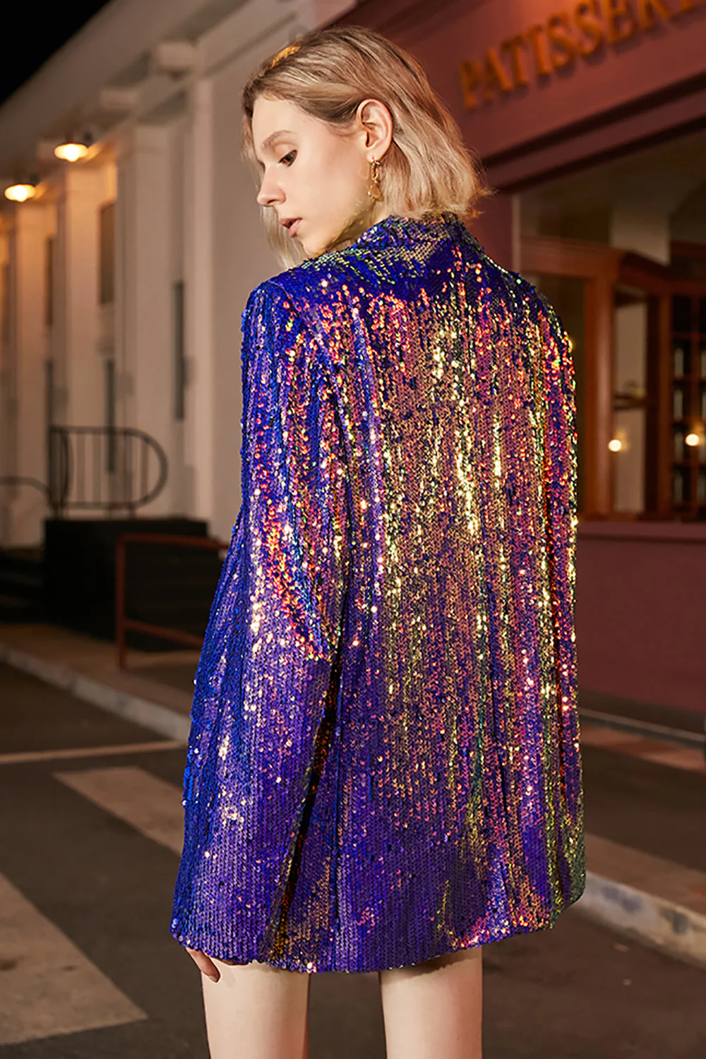 Sparkly Purple Sequins Oversized Longline Prom Blazer For Women - VNBITS