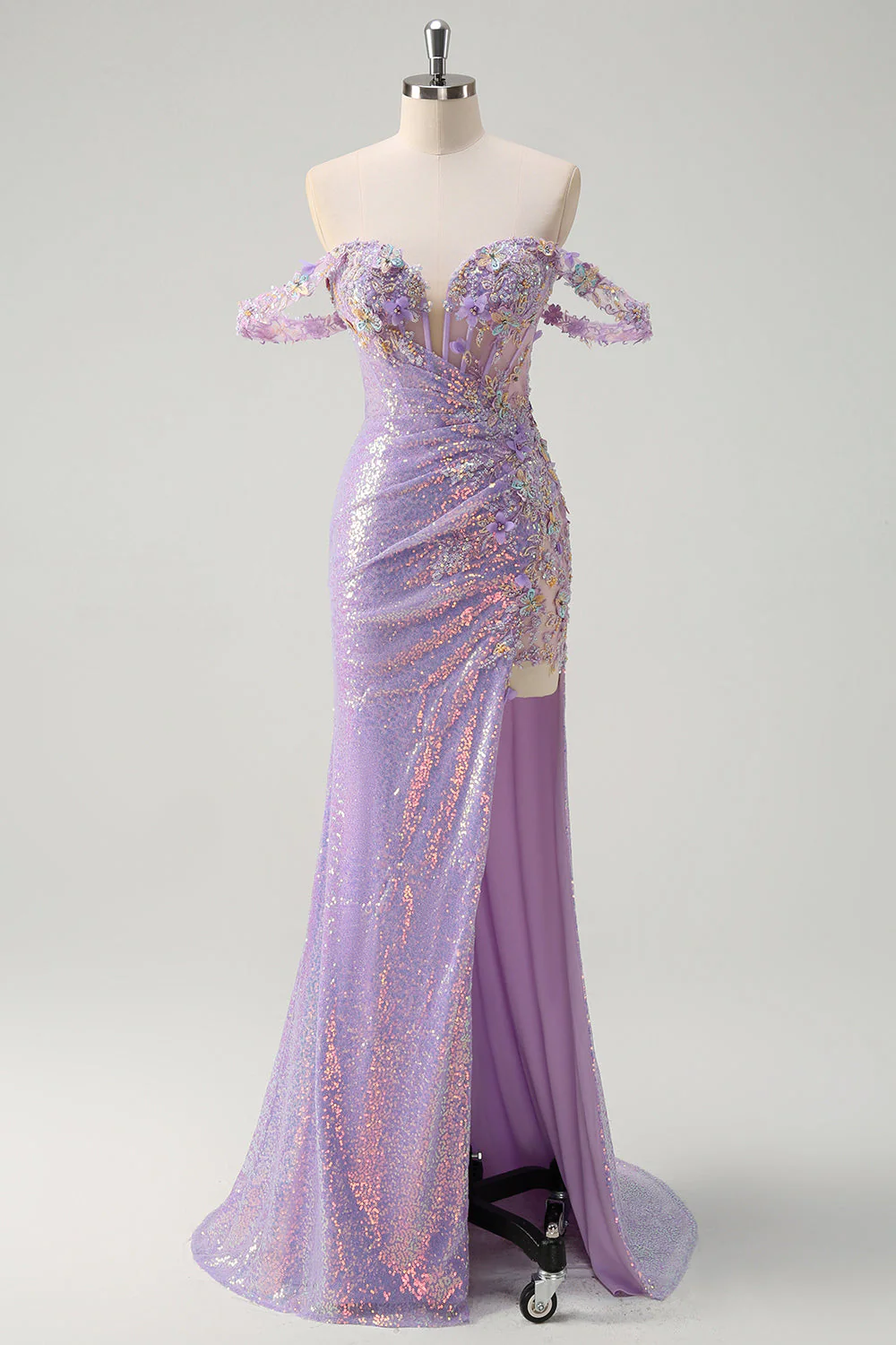 Sparkly Light Purple Mermaid Off The Shoulder Sequin Prom Dress with Slit - VNBITS