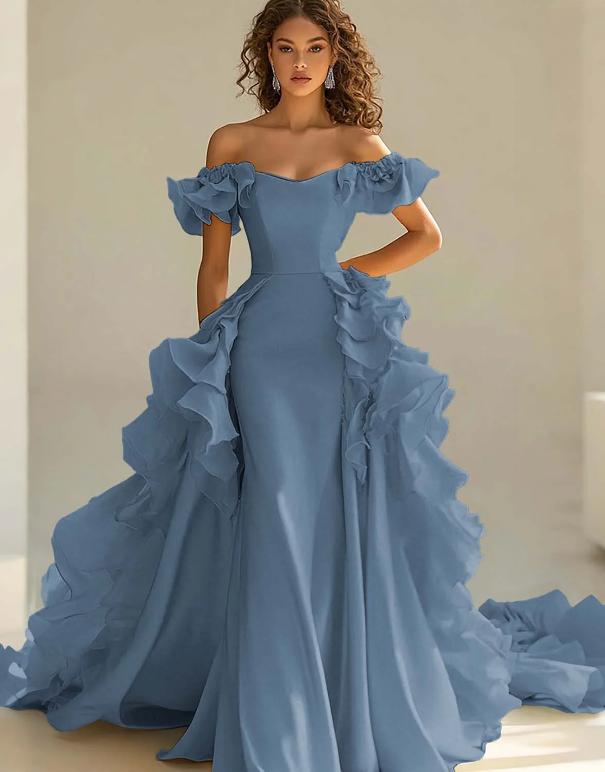 Yellow Satin Long Off the Shoulder Prom Dress with Ruffles - VNBITS