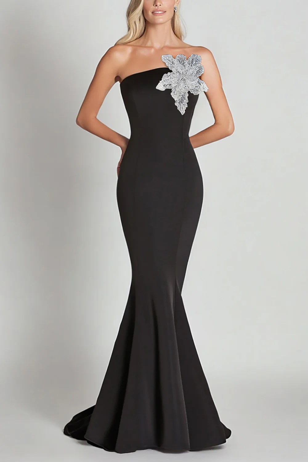 Black Mermaid One Shoulder with Sequin Flower Long Formal Dress - VNBITS