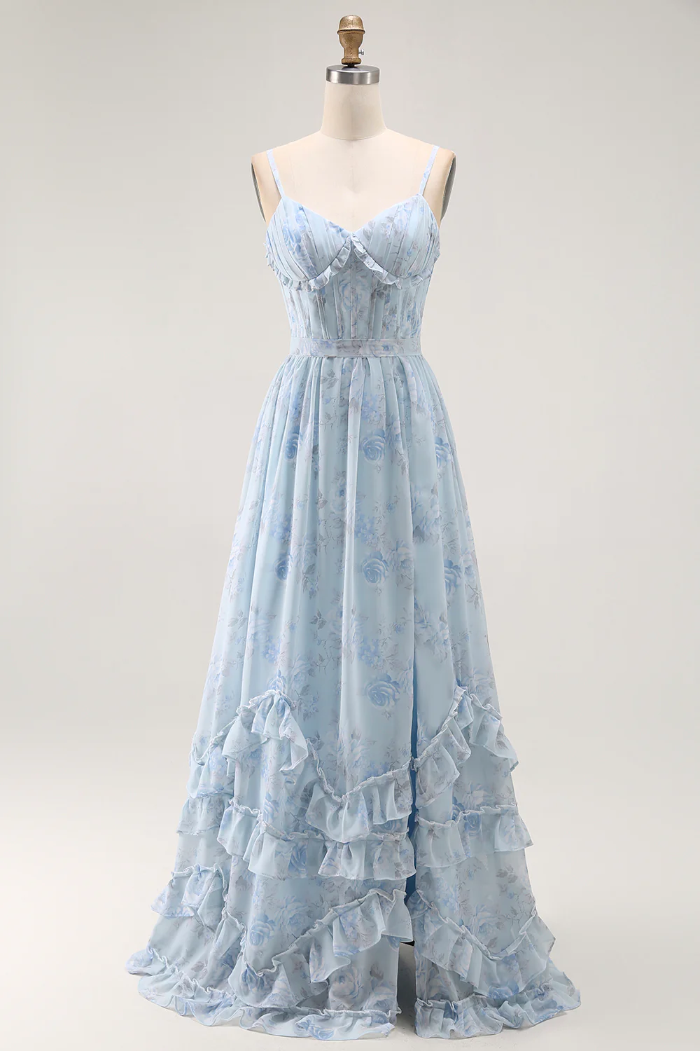 Blue A Line Floral Ruffled Long Bridesmaid Dress with Slit - VNBITS