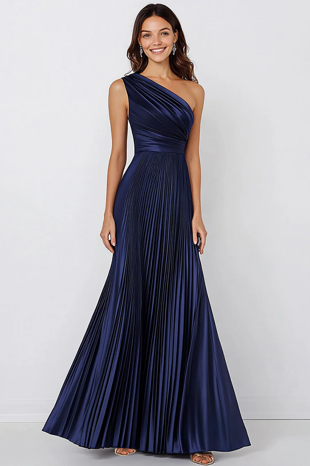 One Shoulder Navy Satin A Line Pleated Long Formal Dress - VNBITS
