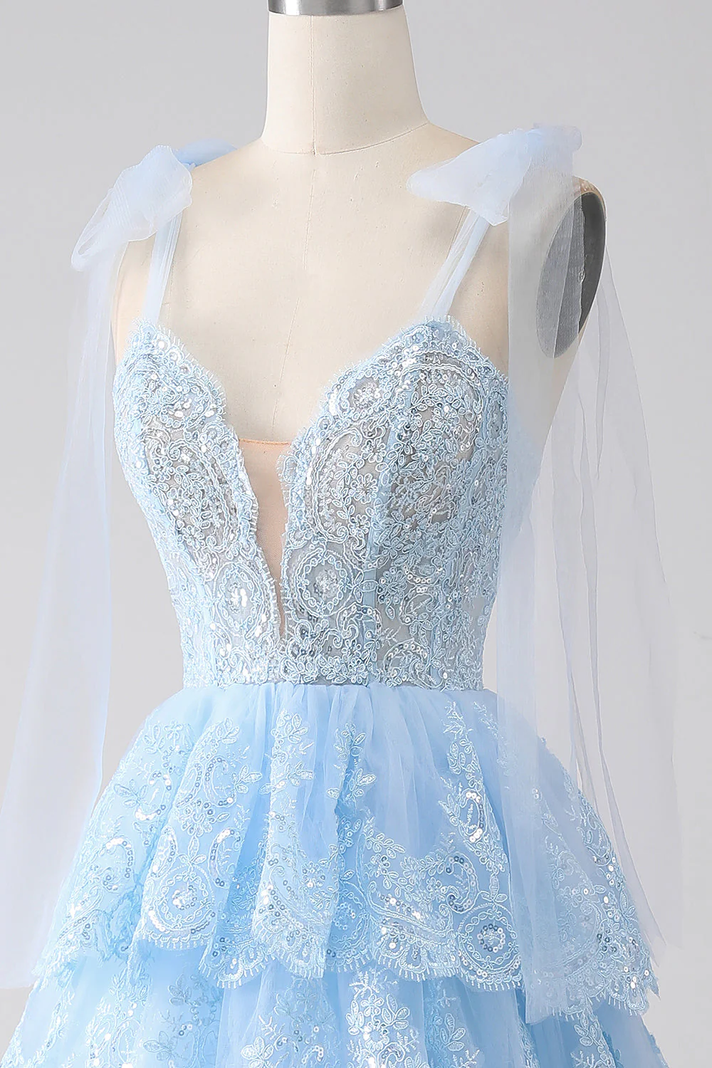 Light Blue Sweetheart Bow Tie Straps Tiered Tulle Sequin Prom Dress with Appliques - VNBITS