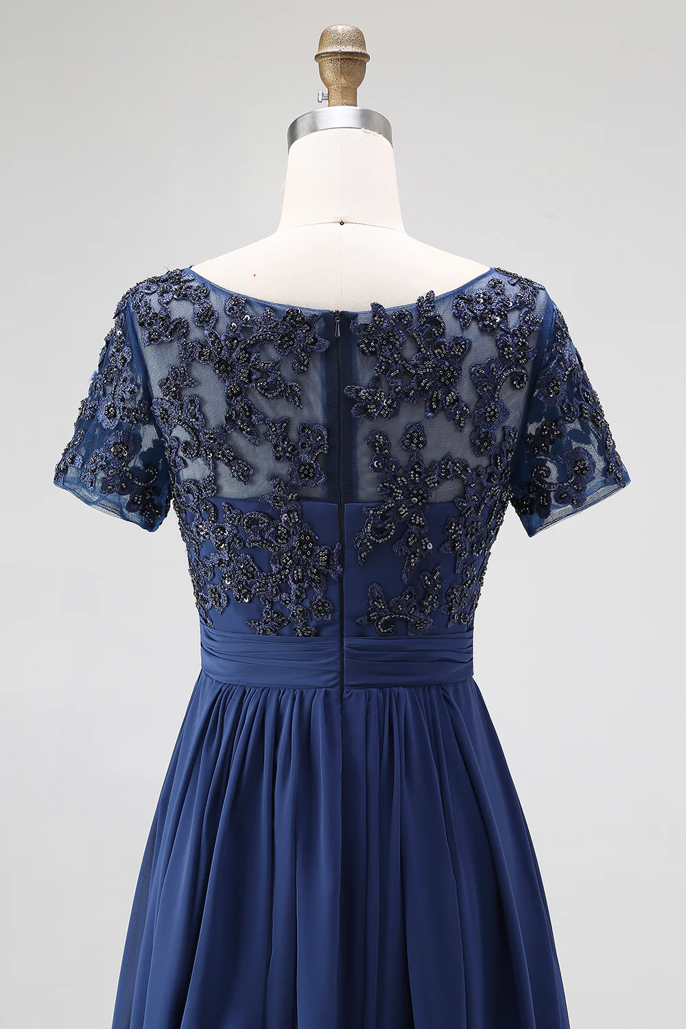 Navy Boat Neck Appliques A-Line Long Mother Of the Bride Dress with Sleeves - VNBITS
