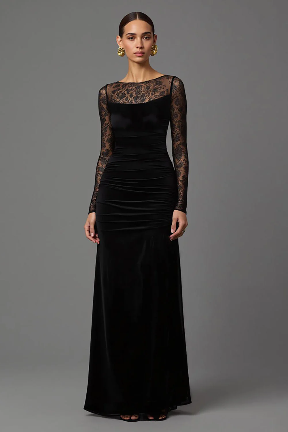 Black Velvet Sheath Illusion Neck Long Formal Dress with Sleeves - VNBITS