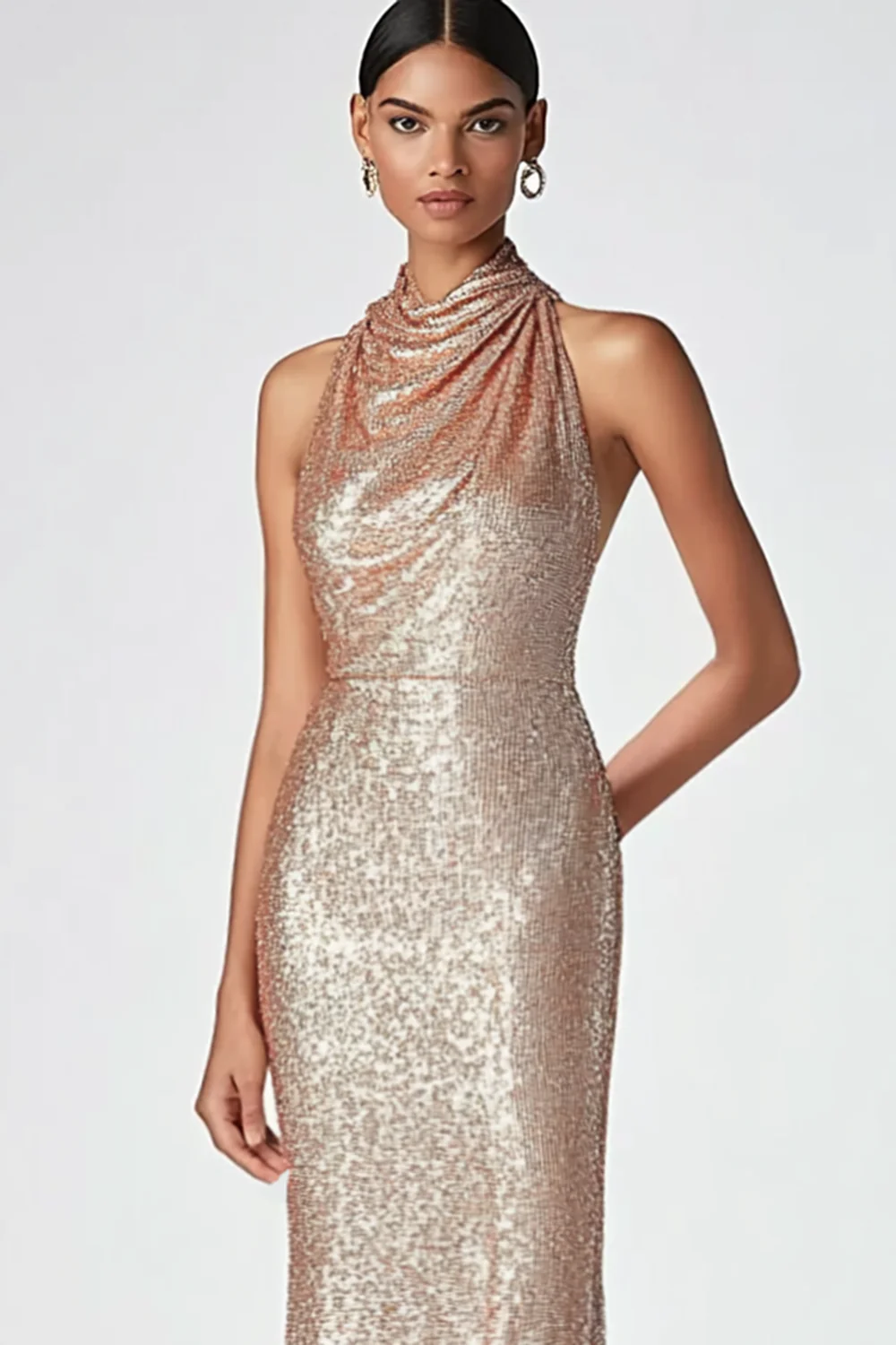 Champagne Halter Mermaid Sequins Formal Dress - VNBITS