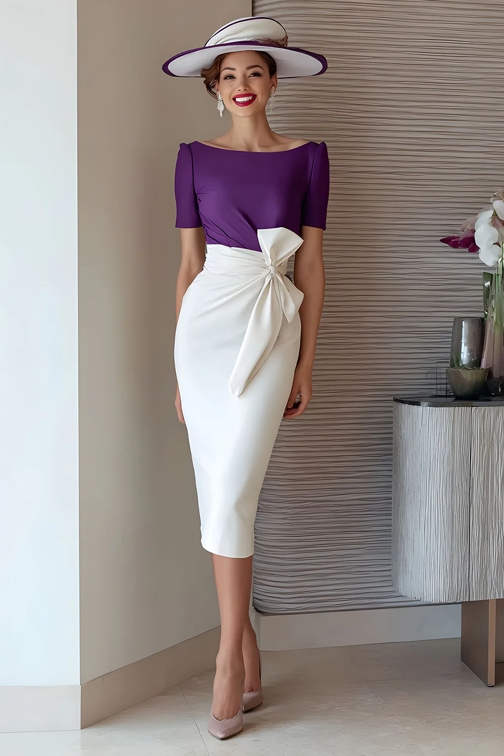 Grape Pencil Boat Neck Midi Mother of the Bride Dress with Bow - VNBITS