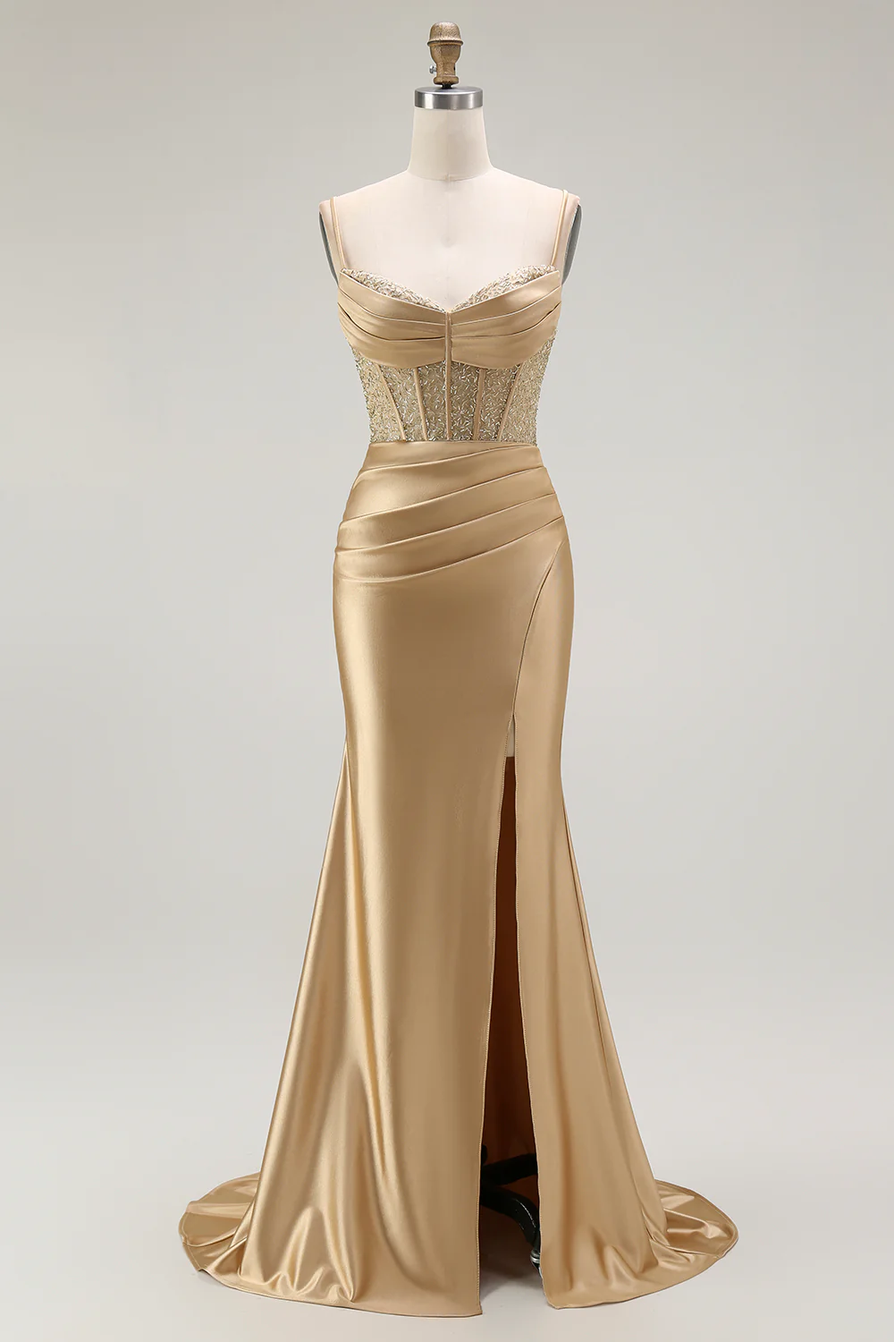 Sparkly Navy Satin Mermaid Long Corset Prom Dress with Beading - VNBITS