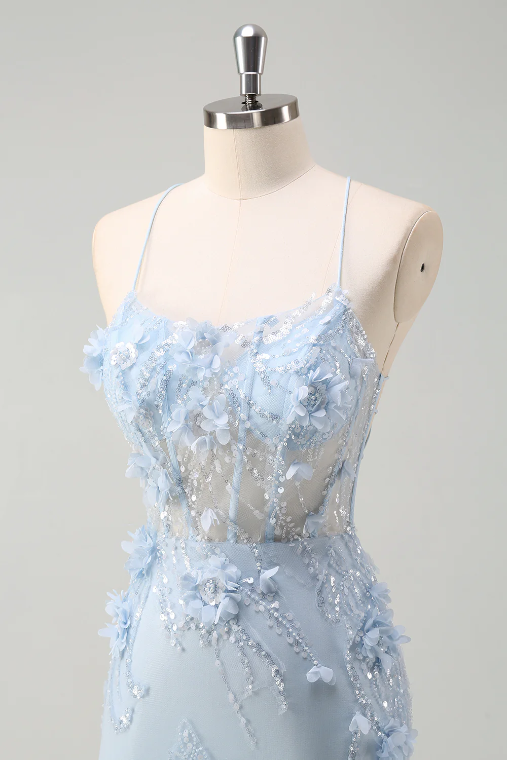 Sparkly Blue Mermaid Long Prom Dress with 3D Flowers - VNBITS