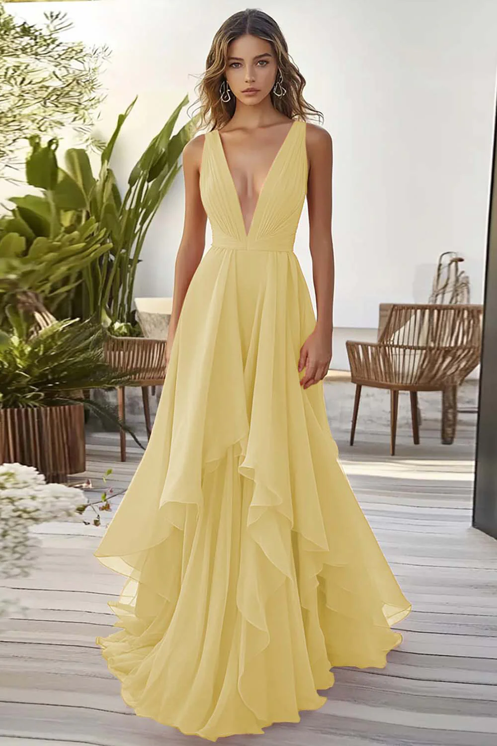 Orange Chiffon Deep V-Neck Long Wedding Guest Dress with Ruffles - VNBITS