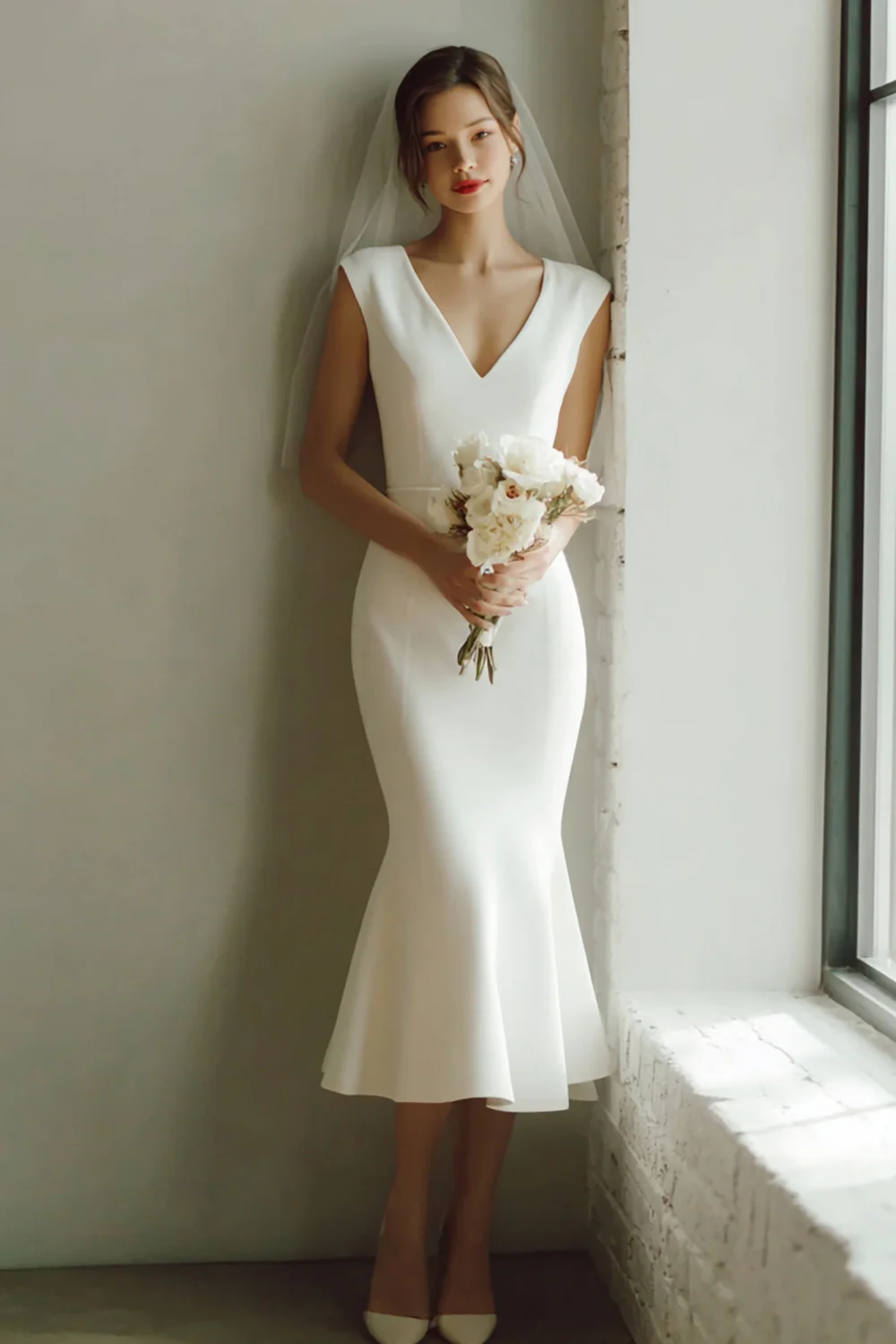White Mermaid V-Neck Satin Midi Wedding Dress - VNBITS