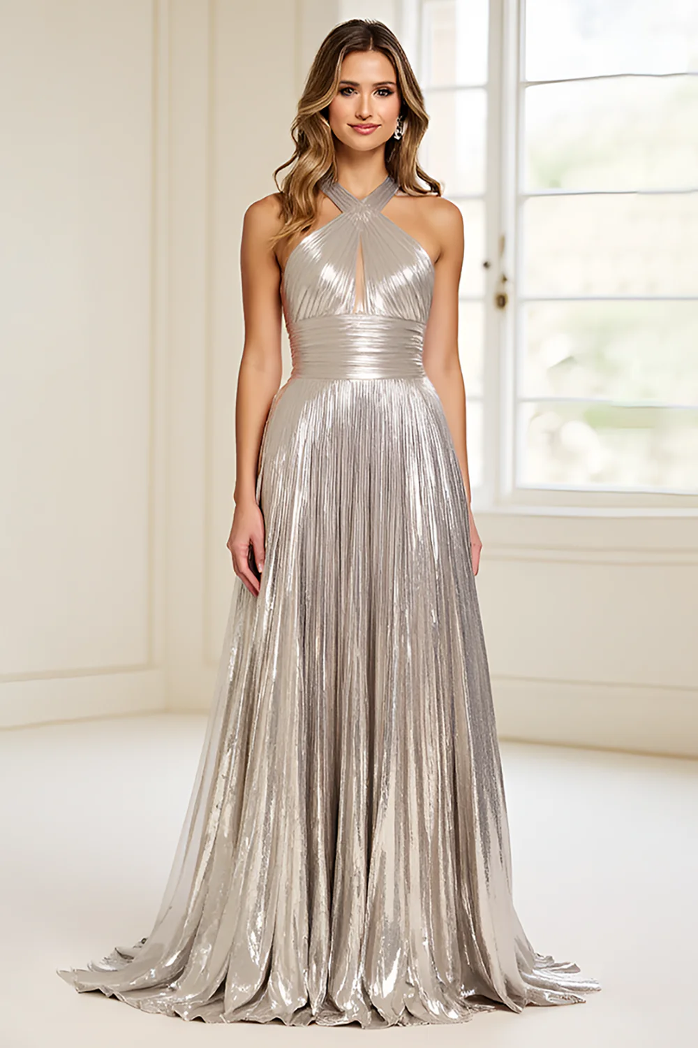 Sparkly Silver Metallic Pleated Long Prom Dress with Keyhole - VNBITS