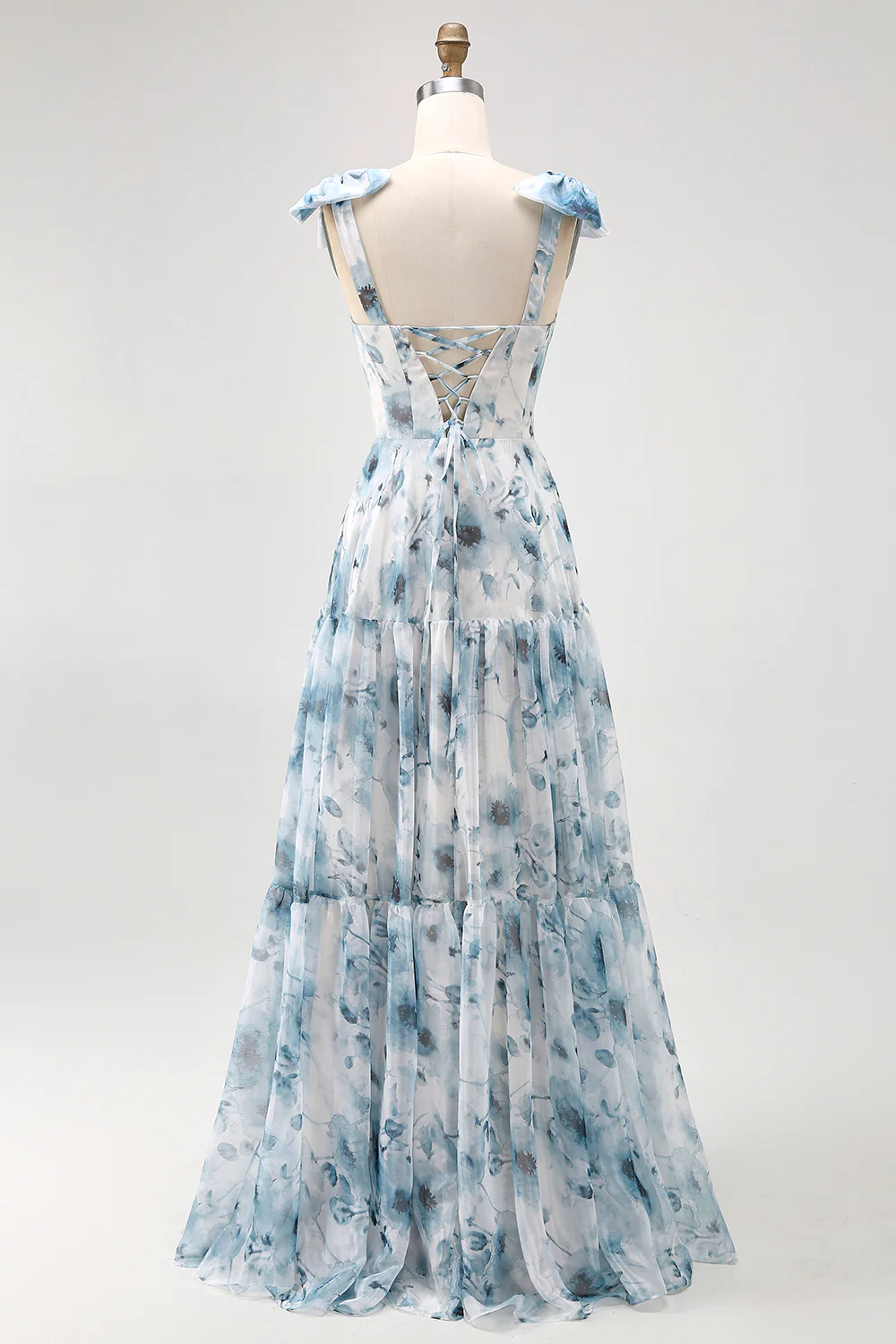 Blue A Line Floral Chiffon Long Bridesmaid Dress with Bows - VNBITS