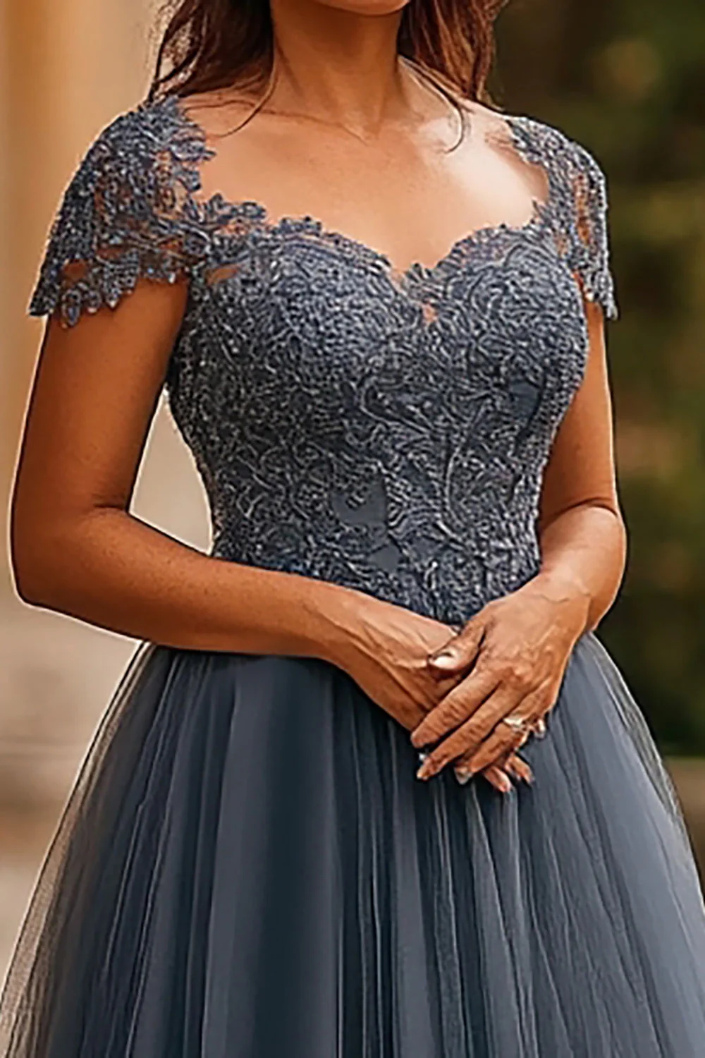 A Line Grey Blue Tulle Long Mother of the Bride Dress with Appliques - VNBITS