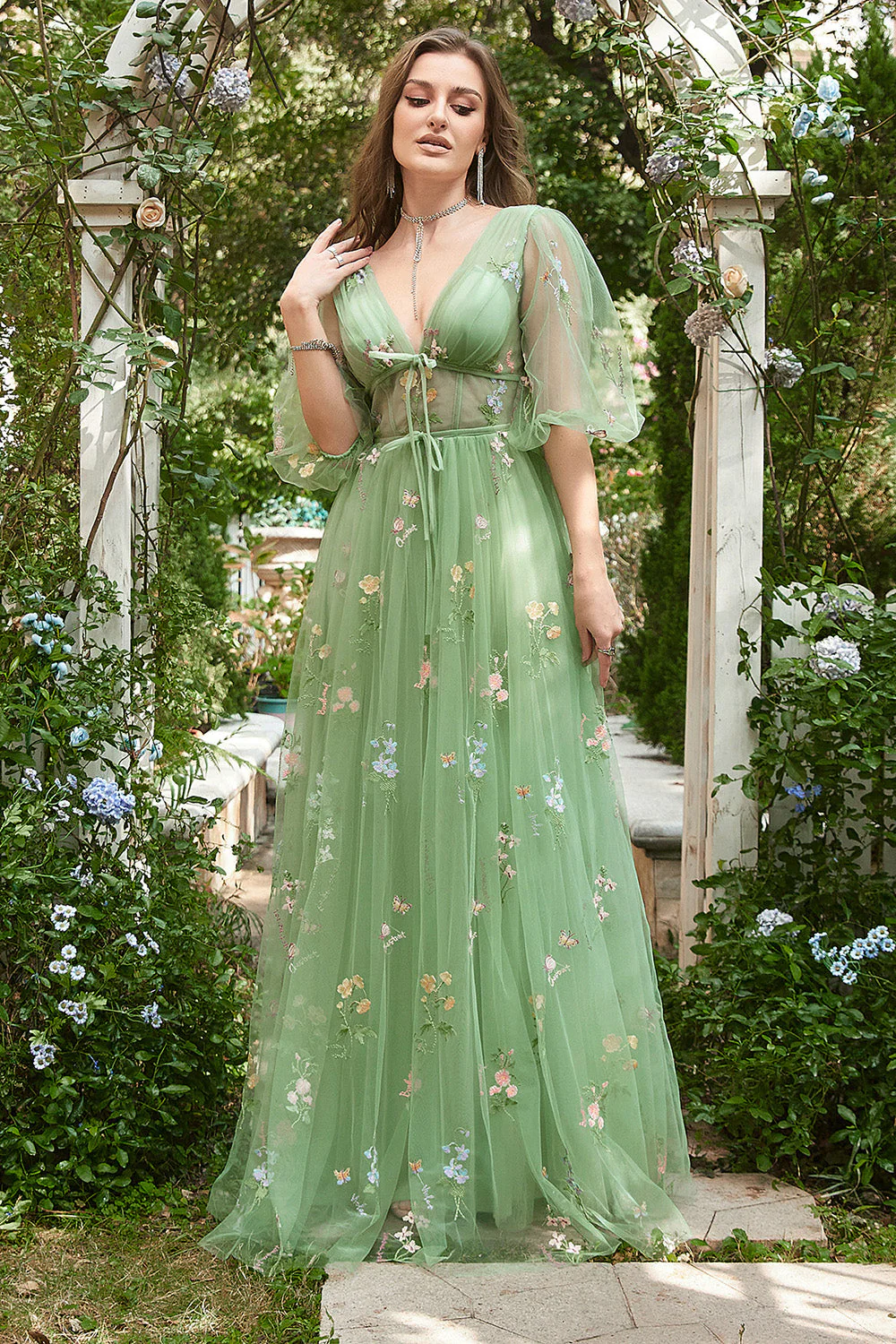 A-Line V-Neck Embroidery Green Long Prom Dress with Short Sleeves - VNBITS