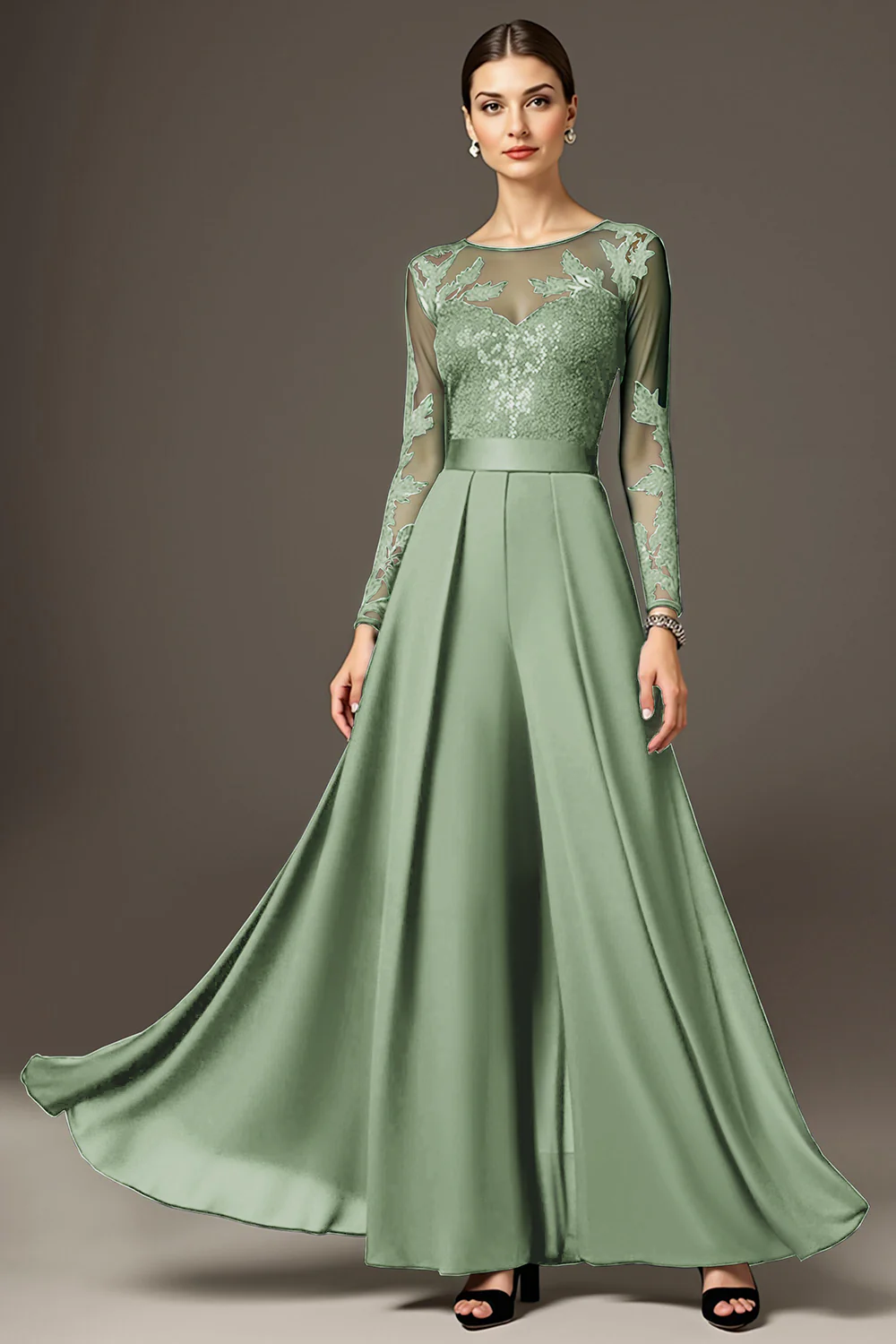 Black A Line Chiffon Long Mother of the Bride Jumpsuits with Lace - VNBITS