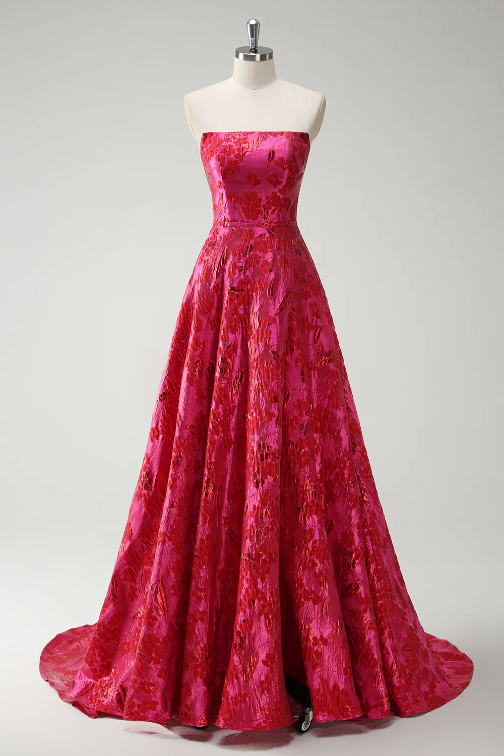 Strapless Fuchsia A Line Floral Long Prom Dress with Slit - VNBITS