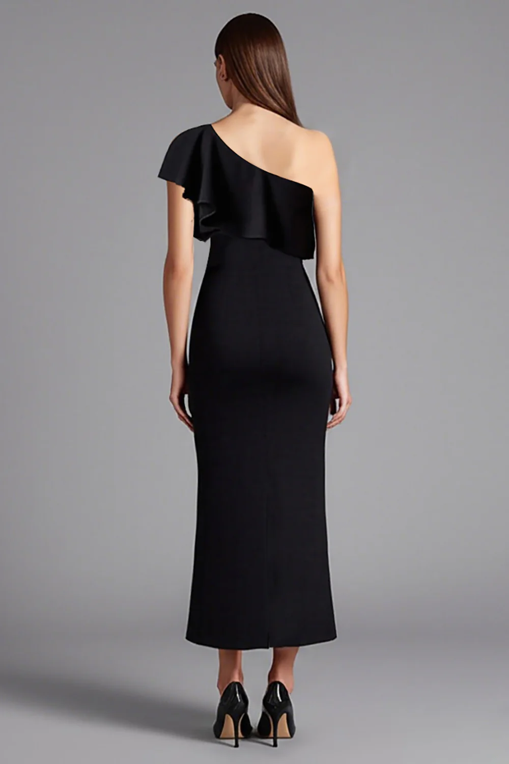 Satin One Shoulder Ruffled Long Black Tie Dress with Slit - VNBITS