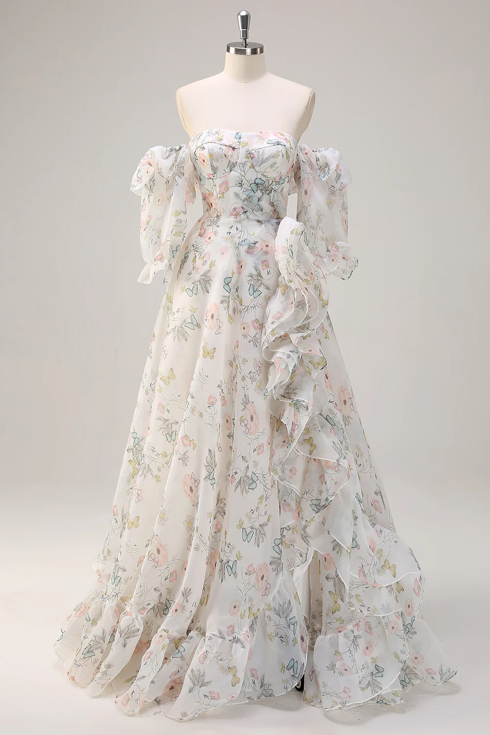 White Floral A-Line Off The Shoulder Ruffles Long Prom Dress with Slit - VNBITS