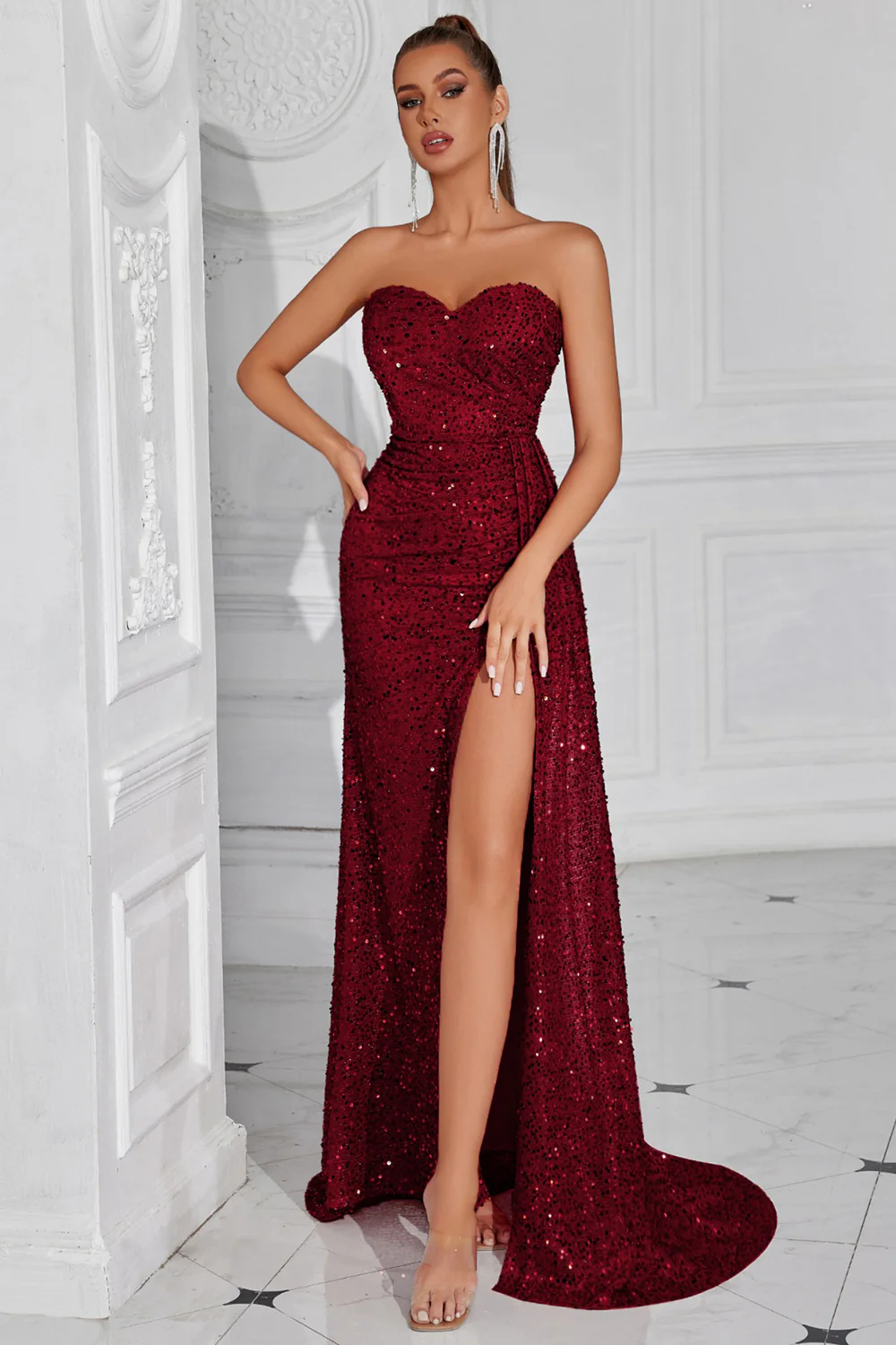 Sparkly Burgundy Sequin Sweetheart Long Prom Dress with Side Cape - VNBITS
