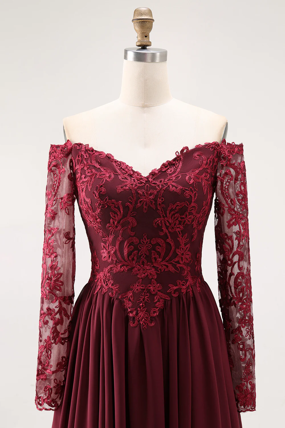 Cabernet Chiffon A Line Long Mother of the Bride Dress with Lace - VNBITS