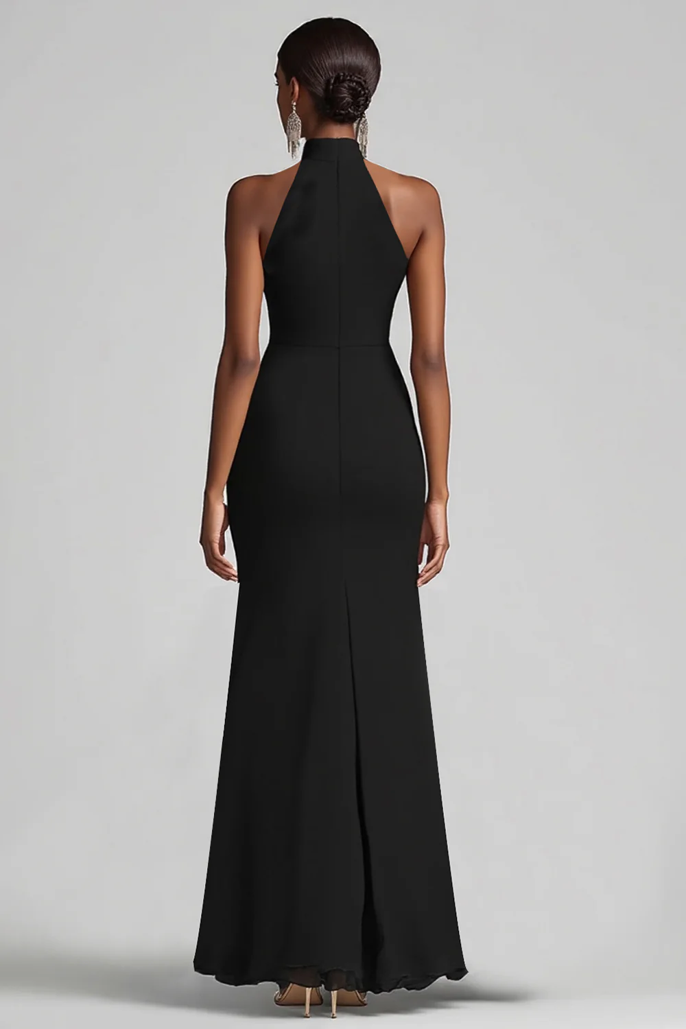 Halter Neck Black Ruffled Mermaid Long Formal Dress with Slit - VNBITS