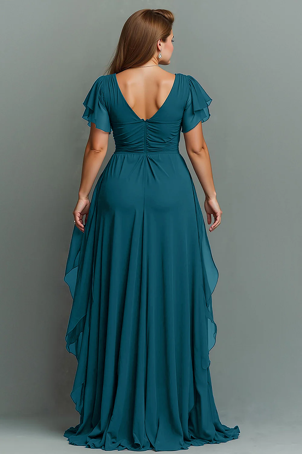 Navy Chiffon V-Neck Ruched Long  with Ruffles - VNBITS