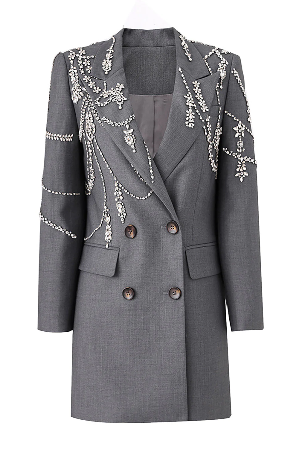 Sparkly Grey Beaded Double Breasted Women Blazer - VNBITS