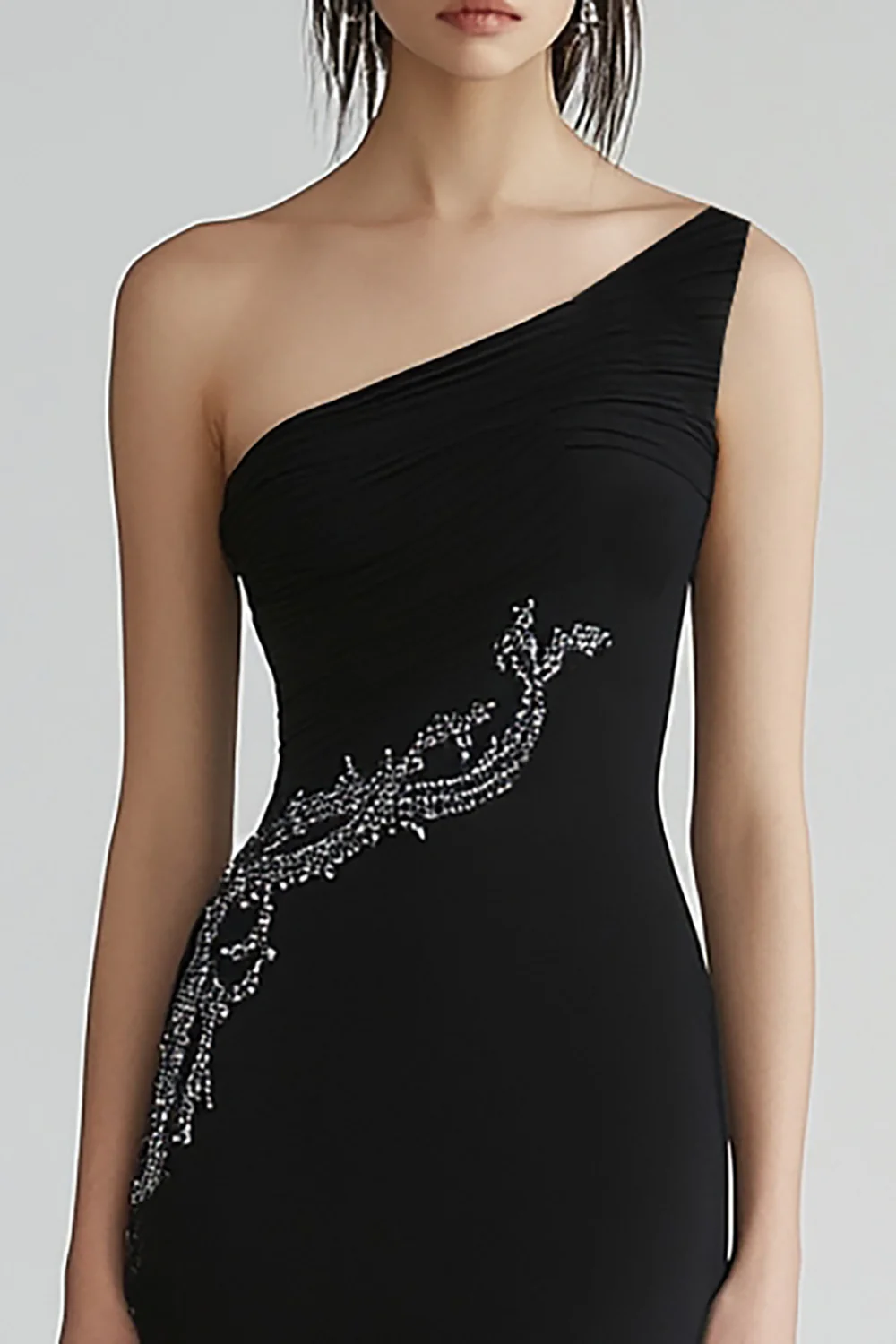 Sparkly Chiffon One Shoulder Long Black Tie Dress with Beading - VNBITS