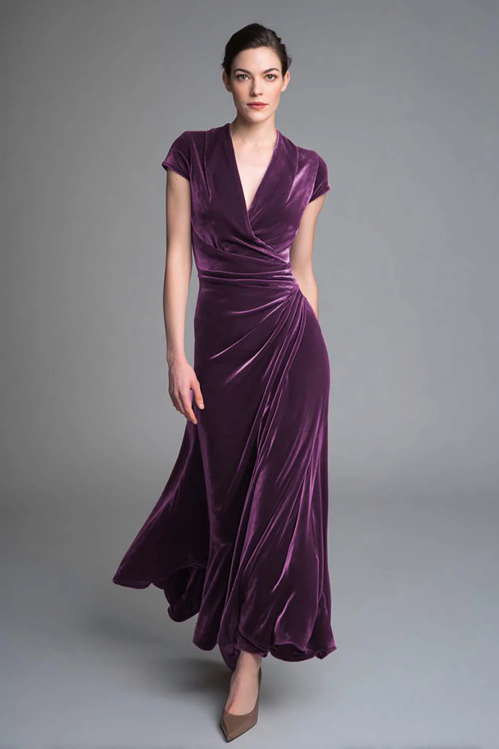 Caramel Velvet Ruched V Neck Long Holiday Party Dress with Sleeves - VNBITS