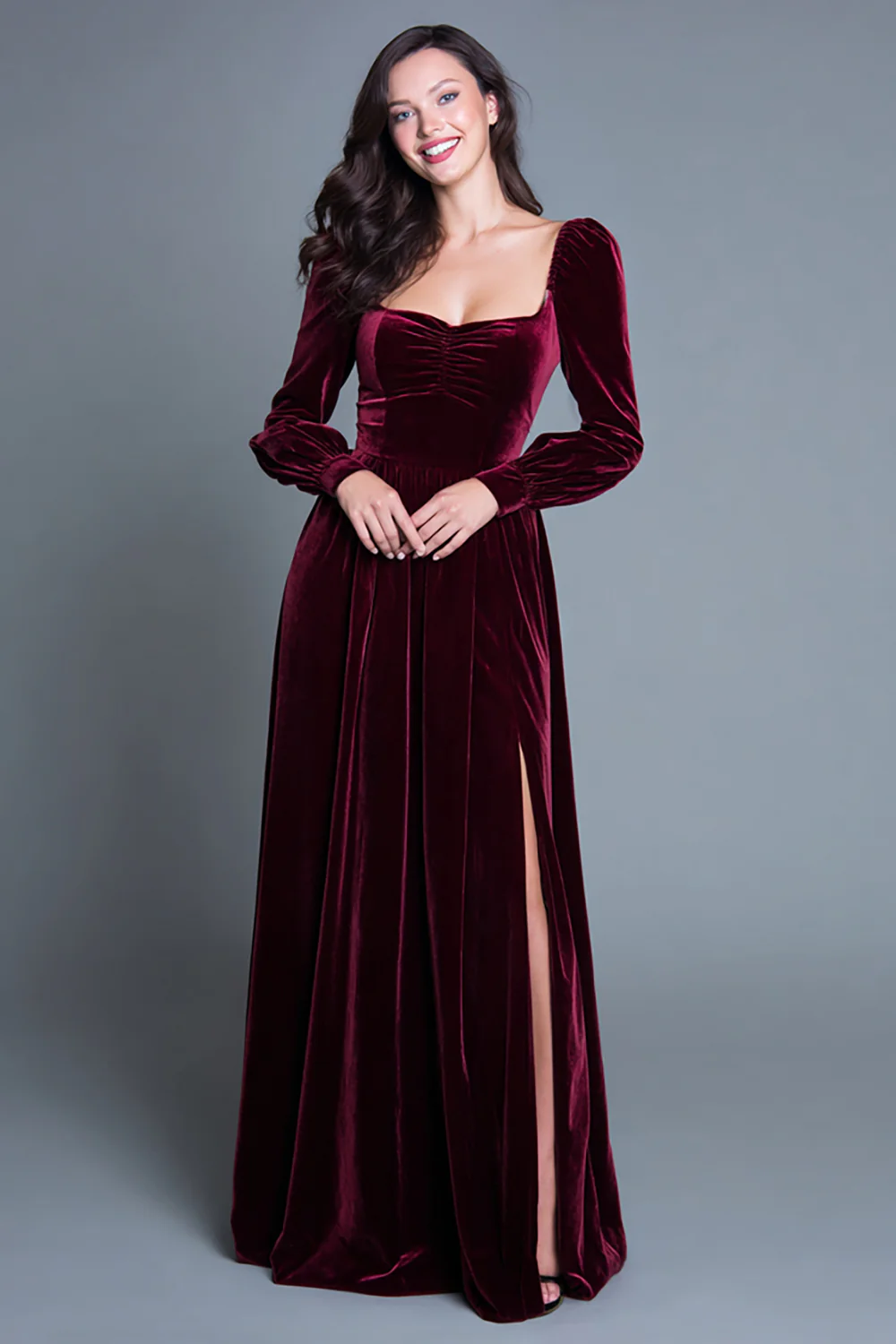 Burgundy Long Sleeves A-Line Velvet Long Holiday Party Dress with Slit - VNBITS