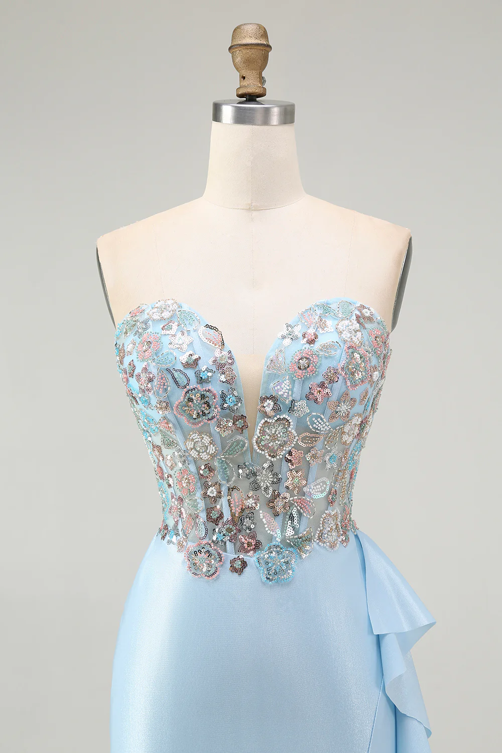 Sparkly Light Blue Mermaid Corset Beaded Long Prom Dress with Slit - VNBITS